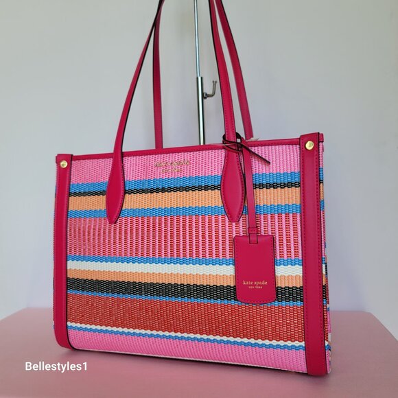 KATE SPADE Market Striped Woven Straw Medium Tote Bag-Wild Raspberry Multi ⭐ - Picture 5 of 16